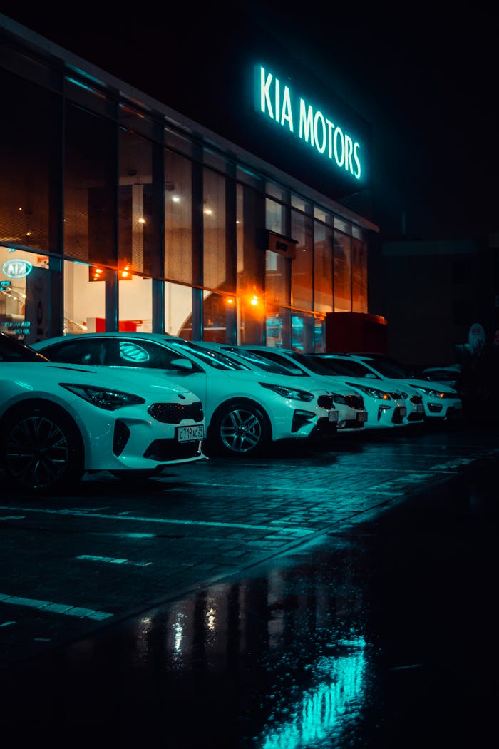 Illuminated Kia Motors showroom with parked cars reflecting on wet pavement at night.